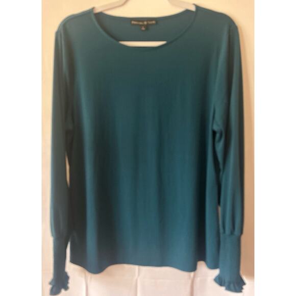 Preston and York Green Blue Large Top Blouse Long Sleeve Elastic Ruffled Wrist - Picture 1 of 6